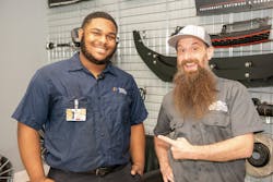 i'Rule Faison, left, won the Humble Mechanic scholarship from TechForce Foundation and the Humble Mechanic himself, Charles Sanville, right. i'Rule Faison, left, won the Humble Mechanic scholarship from TechForce Foundation and the Humble Mechanic himself, Charles Sanville, right.