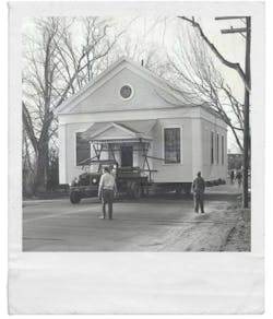 Moving the historic building to its new location in 1962. Moving the historic building to its new location in 1962.