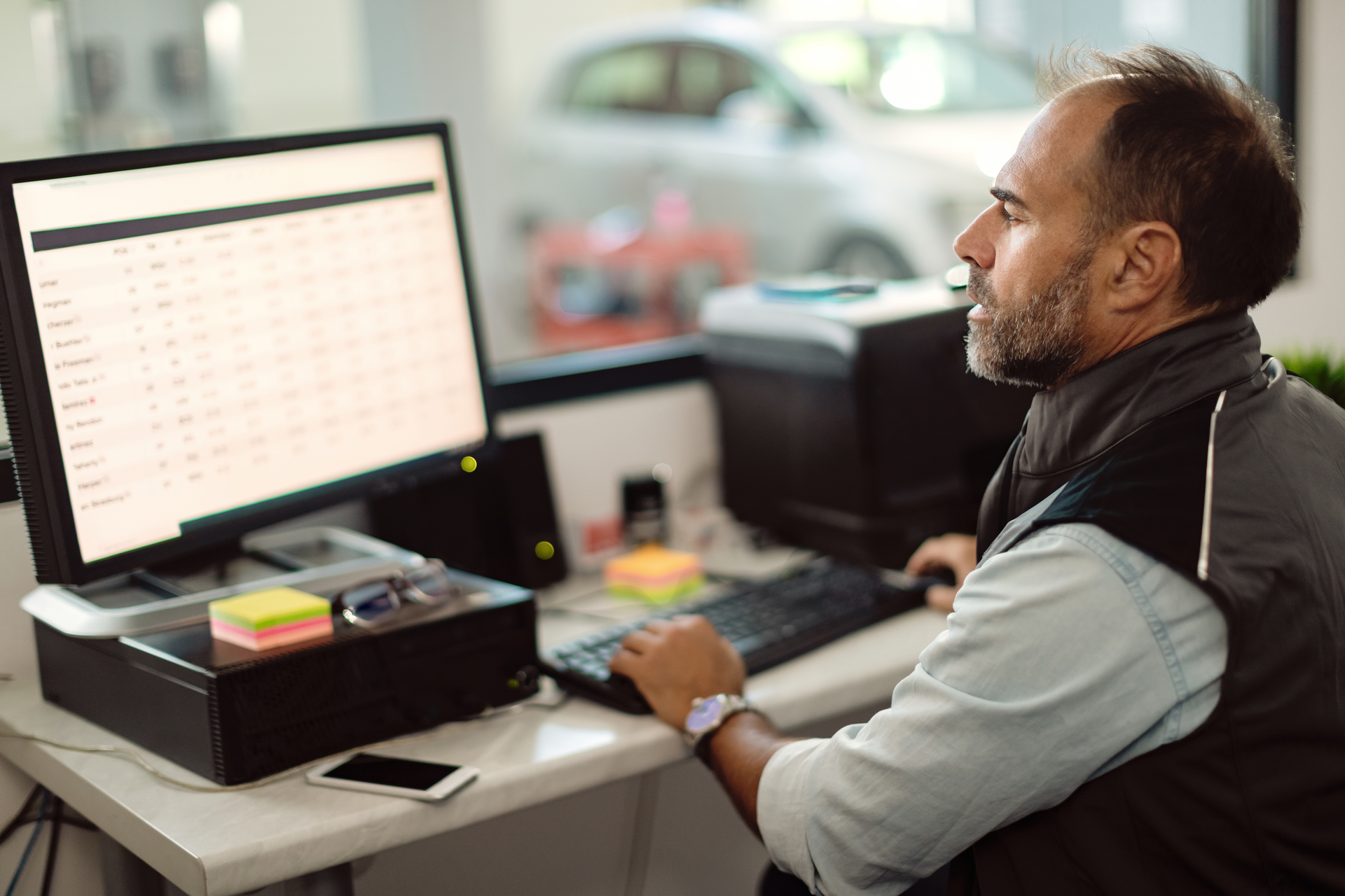 An auto repair shop owner looks at this computer. Understanding your shop's numbers can help you know what's best for your business and your customers.