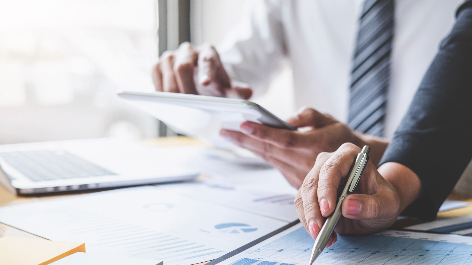 Business partners look at the business data.