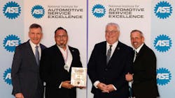 (L-R): Dave Johnson, ASE president and CEO; Mariano Rubio, Mitchell 1 / ASE Master Technician of the Year; Thomas Southward, director of content engineering at Mitchell 1; and Jason Rainey, ASE chairman and vice president of NAPA Auto Care. (L-R): Dave Johnson, ASE president and CEO; Mariano Rubio, Mitchell 1 / ASE Master Technician of the Year; Thomas Southward, director of content engineering at Mitchell 1; and Jason Rainey, ASE chairman and vice president of NAPA Auto Care.