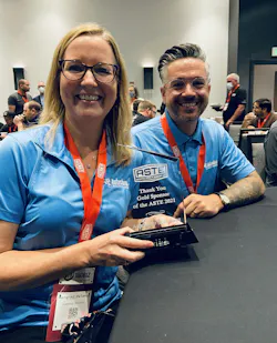 Margaret Palanga and Tony Mercury gratefully accept the ASTE Award in 2021. Margaret Palanga and Tony Mercury gratefully accept the ASTE Award in 2021.