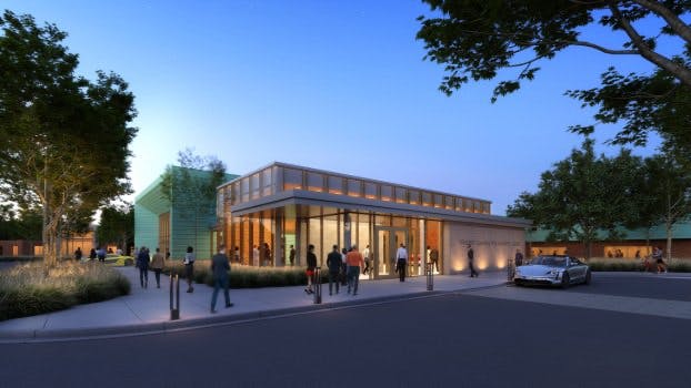 A rendering of the front of a new academic facility.